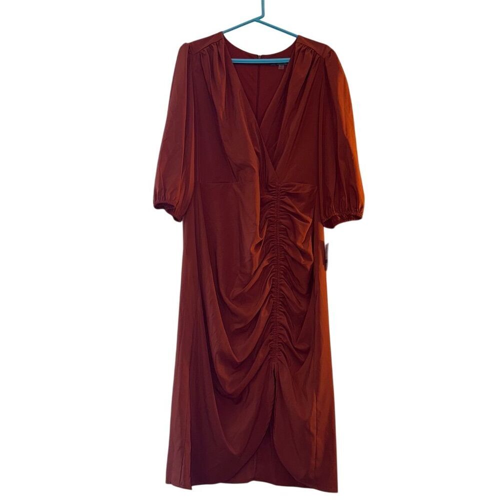 Melonie T Sienna Ruched Midi Dress V-Neck Puff Sleeve 92156MT Plus Size 18 NEW